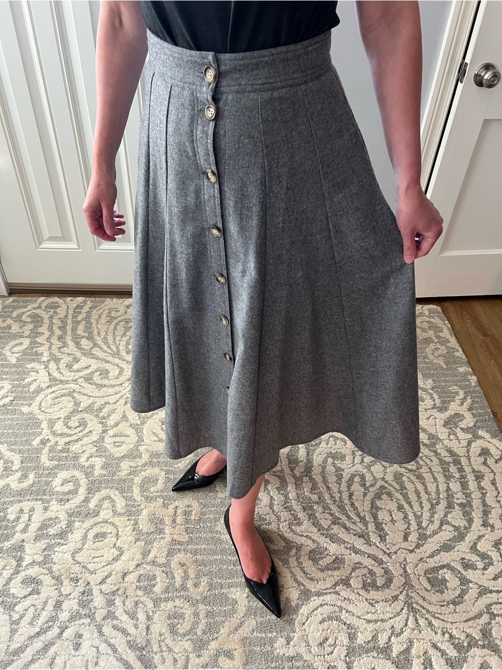Loeffler Randall Gray Wool A-Line Midi Skirt, Fully Lined, With Pockets